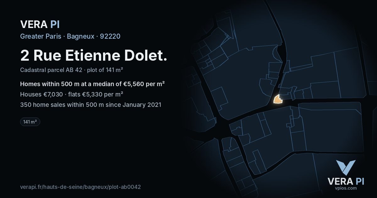 2 Rue Etienne Dolet, Bagneux at night – the plot lit, the parcels around coloured by the prices near them