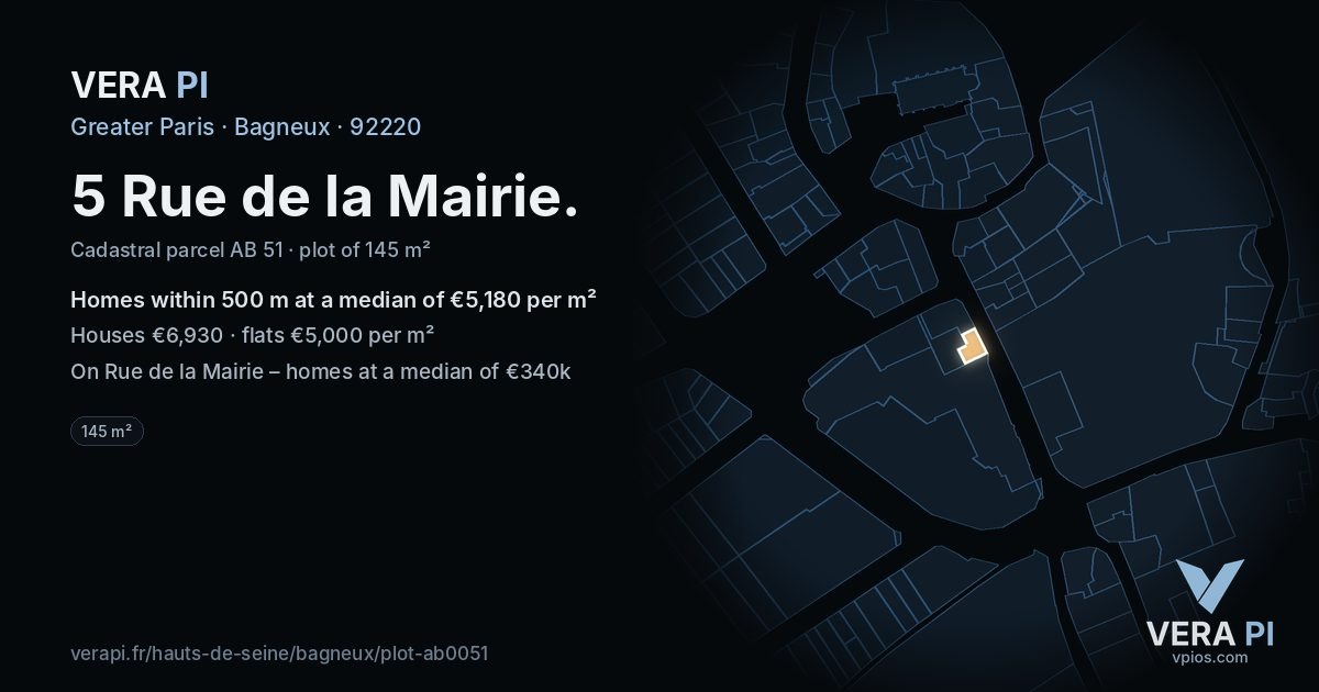 5 Rue de la Mairie, Bagneux at night – the plot lit, the parcels around coloured by the prices near them