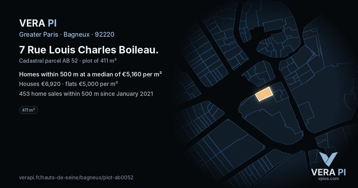 7 Rue Louis Charles Boileau, Bagneux at night – the plot lit, the parcels around coloured by the prices near them