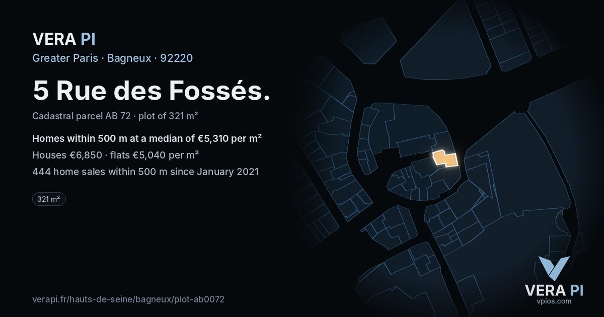 5 Rue des Fossés, Bagneux at night – the plot lit, the parcels around coloured by the prices near them