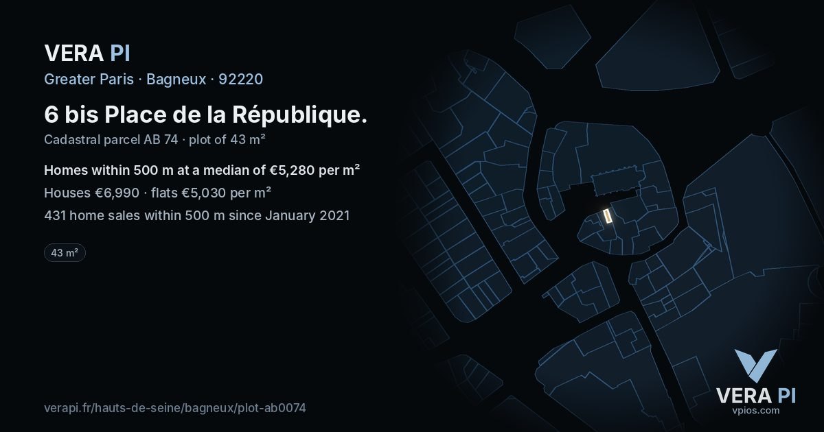 6 bis Place de la République, Bagneux at night – the plot lit, the parcels around coloured by the prices near them