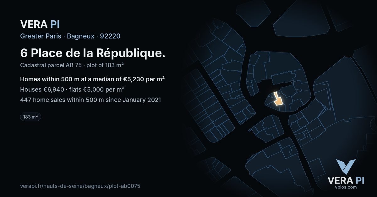 6 Place de la République, Bagneux at night – the plot lit, the parcels around coloured by the prices near them