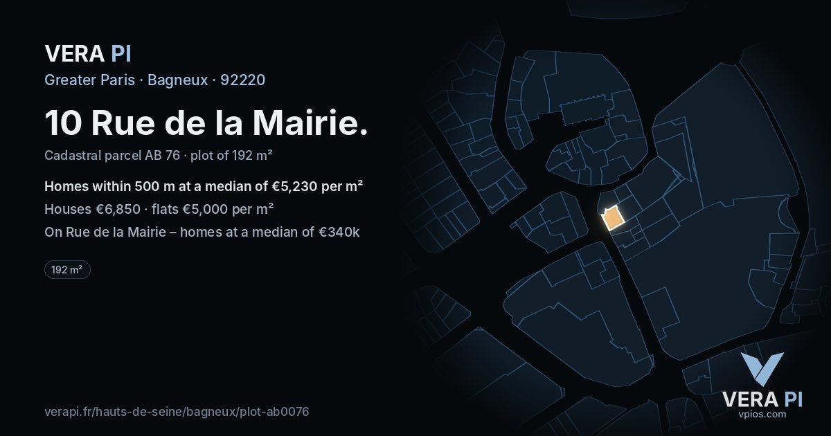 10 Rue de la Mairie, Bagneux at night – the plot lit, the parcels around coloured by the prices near them