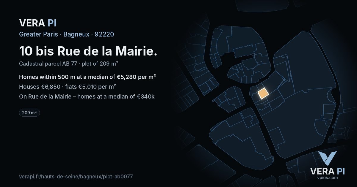 10 bis Rue de la Mairie, Bagneux at night – the plot lit, the parcels around coloured by the prices near them