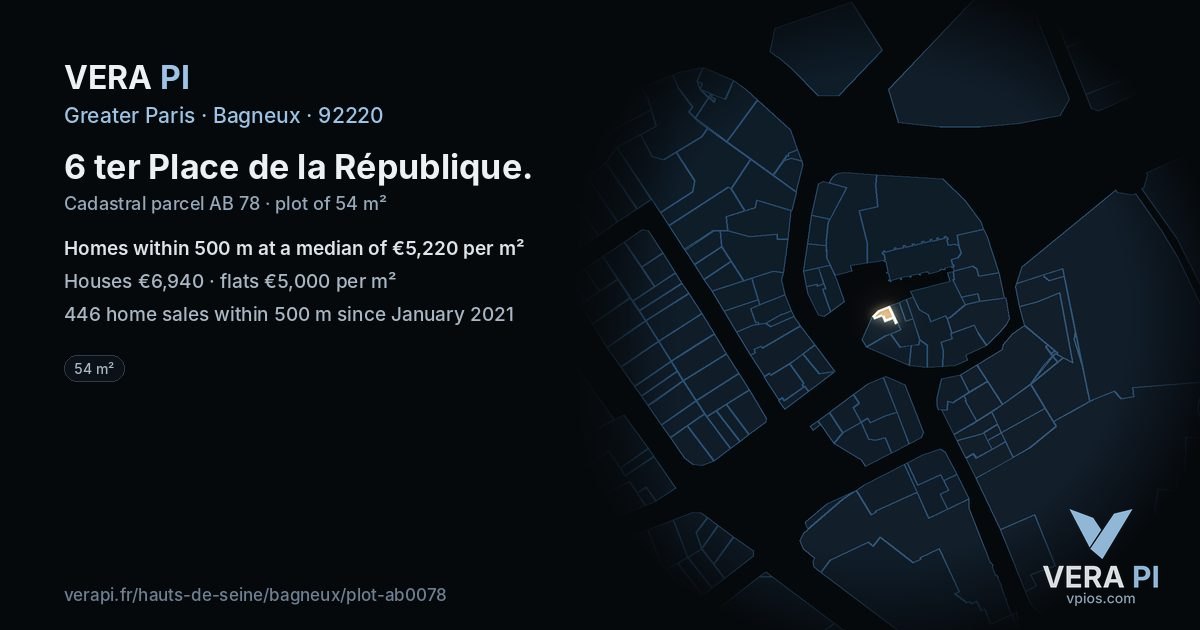 6 ter Place de la République, Bagneux at night – the plot lit, the parcels around coloured by the prices near them