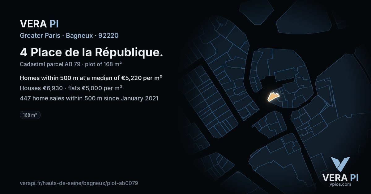 4 Place de la République, Bagneux at night – the plot lit, the parcels around coloured by the prices near them
