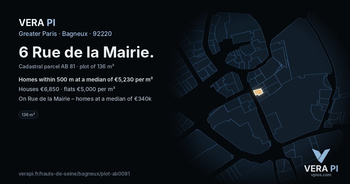 6 Rue de la Mairie, Bagneux at night – the plot lit, the parcels around coloured by the prices near them