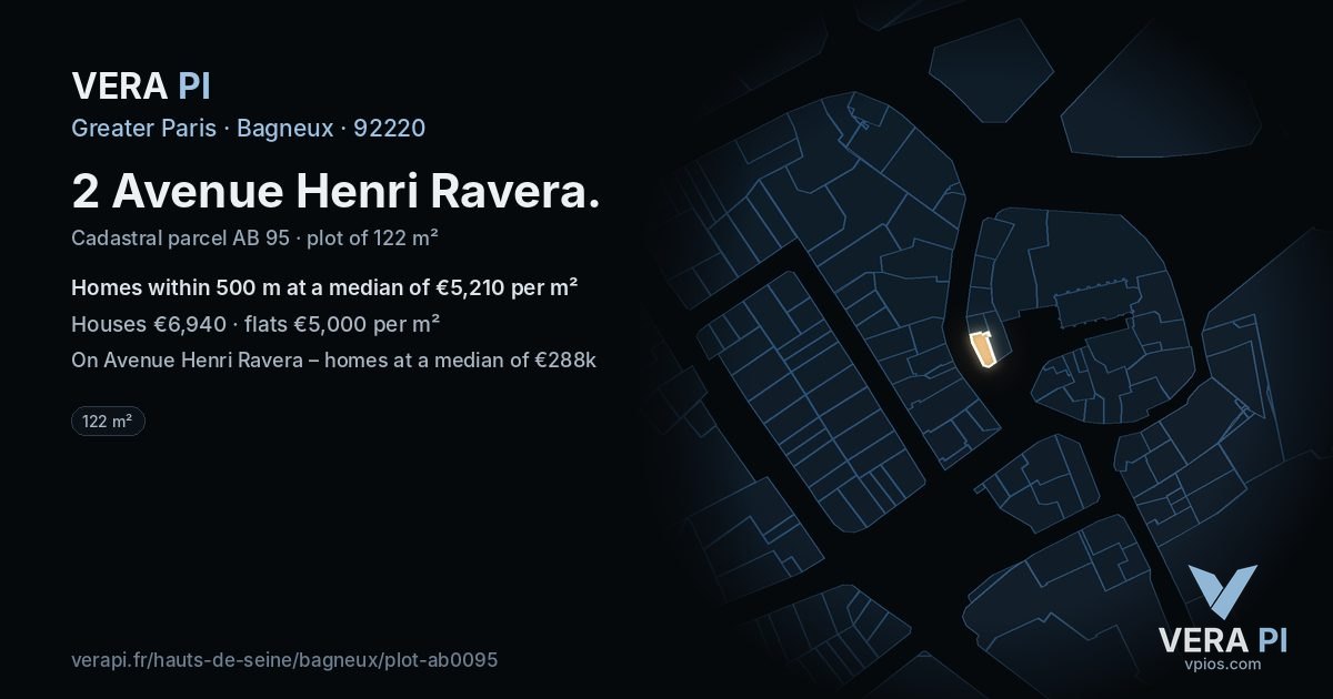 2 Avenue Henri Ravera, Bagneux at night – the plot lit, the parcels around coloured by the prices near them