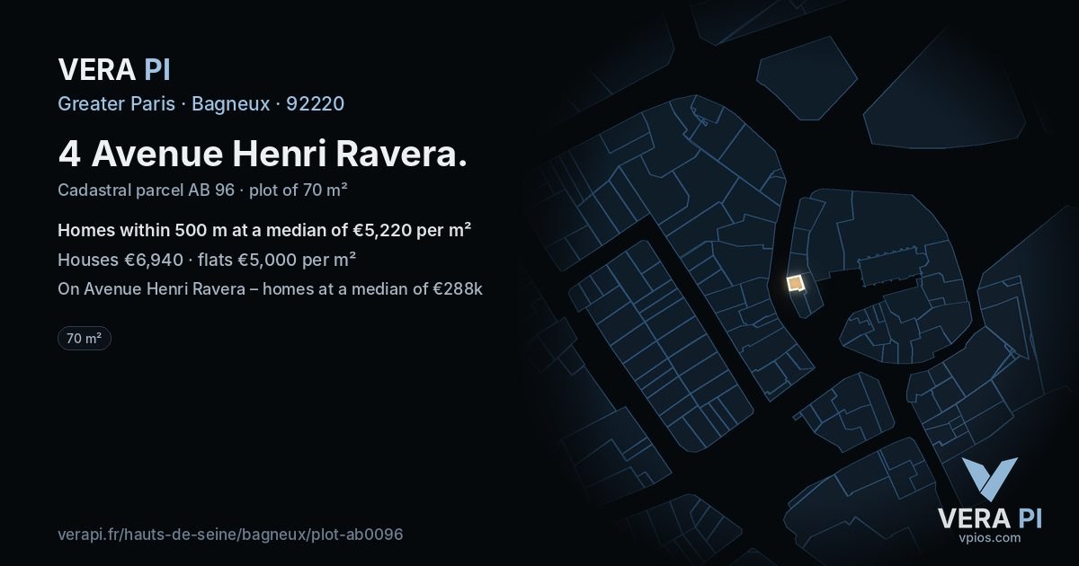 4 Avenue Henri Ravera, Bagneux at night – the plot lit, the parcels around coloured by the prices near them