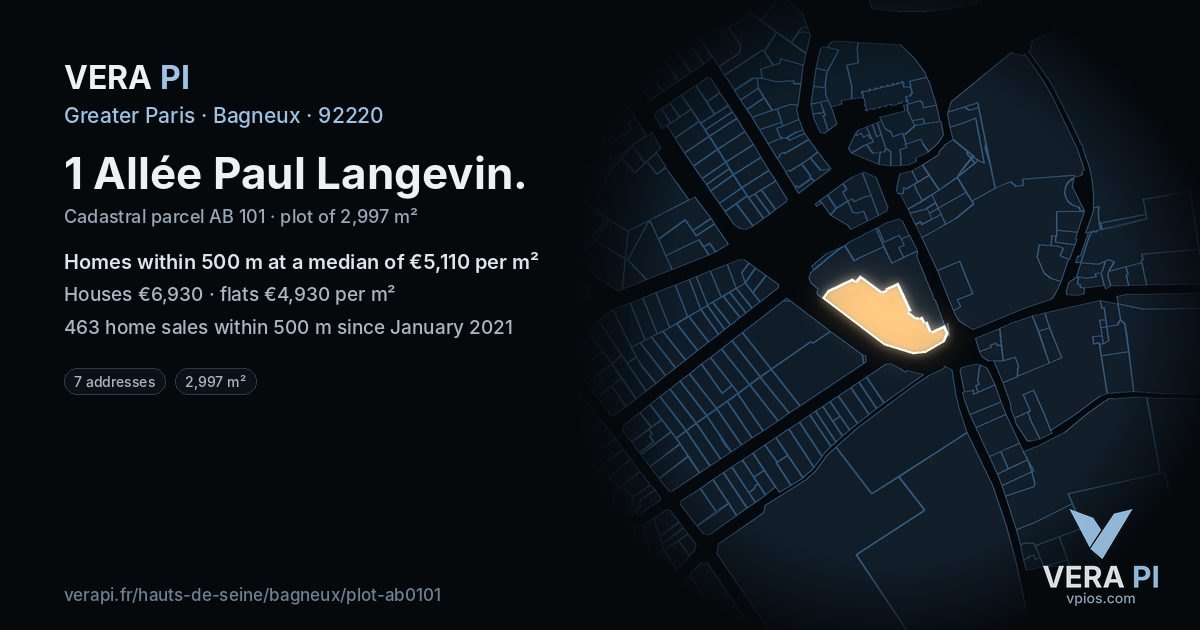 1 Allée Paul Langevin, Bagneux at night – the plot lit, the parcels around coloured by the prices near them