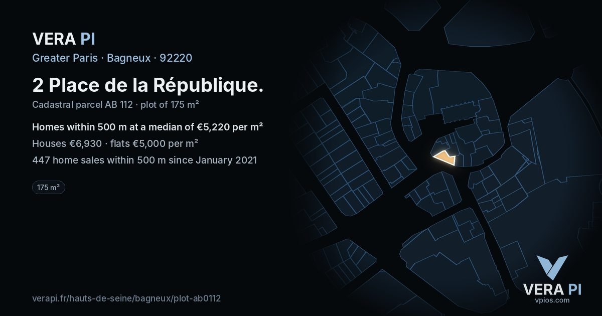 2 Place de la République, Bagneux at night – the plot lit, the parcels around coloured by the prices near them
