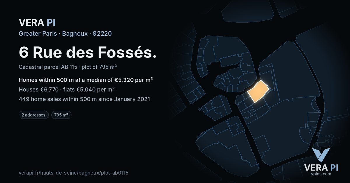 6 Rue des Fossés, Bagneux at night – the plot lit, the parcels around coloured by the prices near them