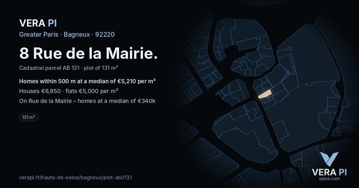 8 Rue de la Mairie, Bagneux at night – the plot lit, the parcels around coloured by the prices near them