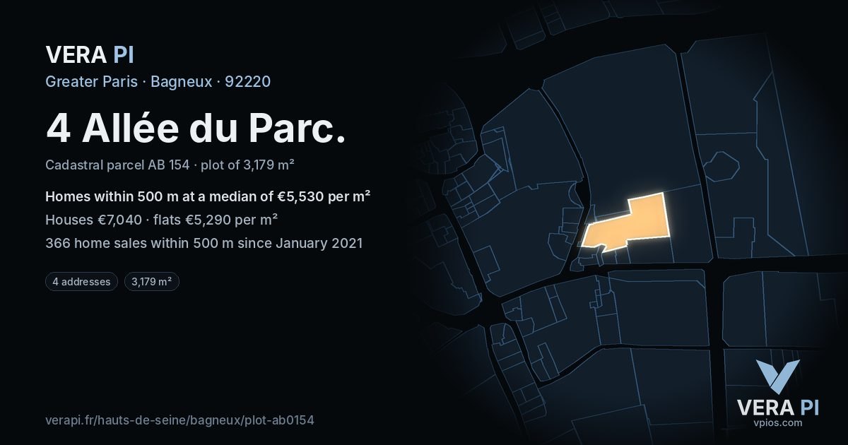 4 Allée du Parc, Bagneux at night – the plot lit, the parcels around coloured by the prices near them