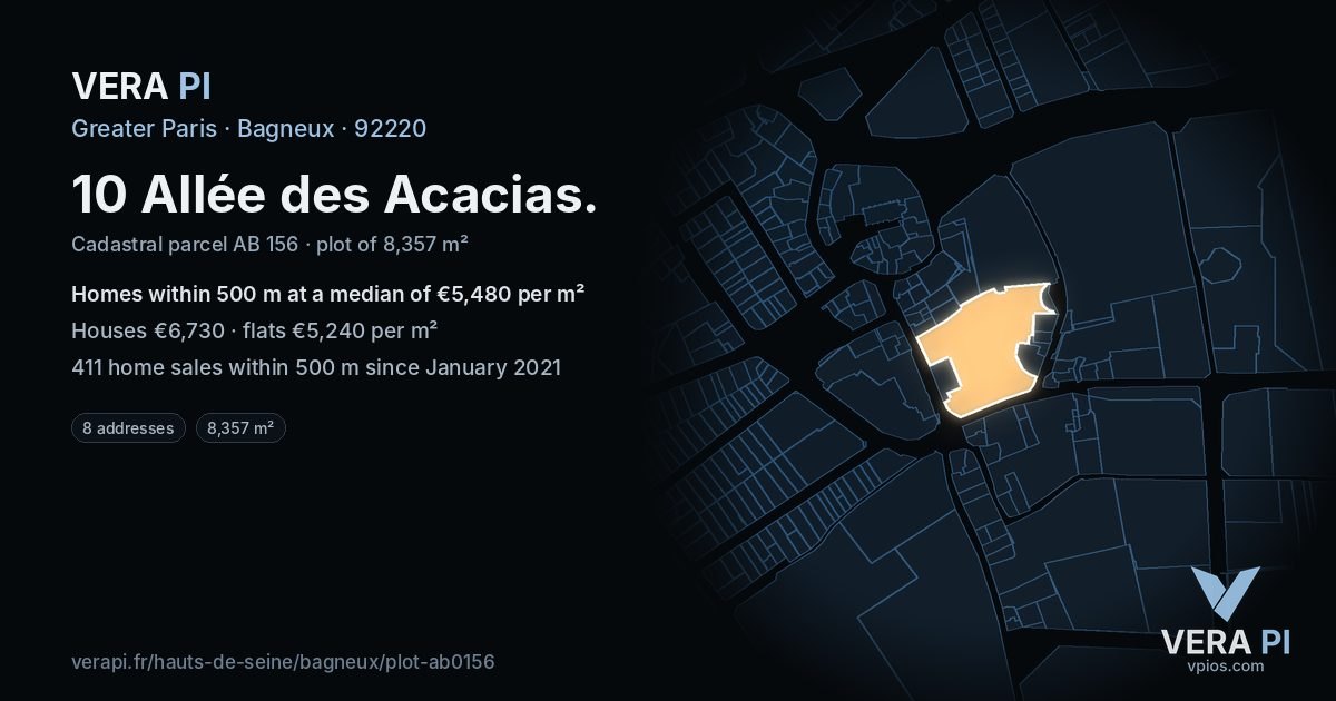 10 Allée des Acacias, Bagneux at night – the plot lit, the parcels around coloured by the prices near them