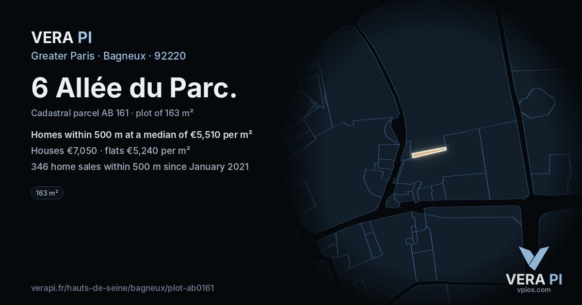 6 Allée du Parc, Bagneux at night – the plot lit, the parcels around coloured by the prices near them