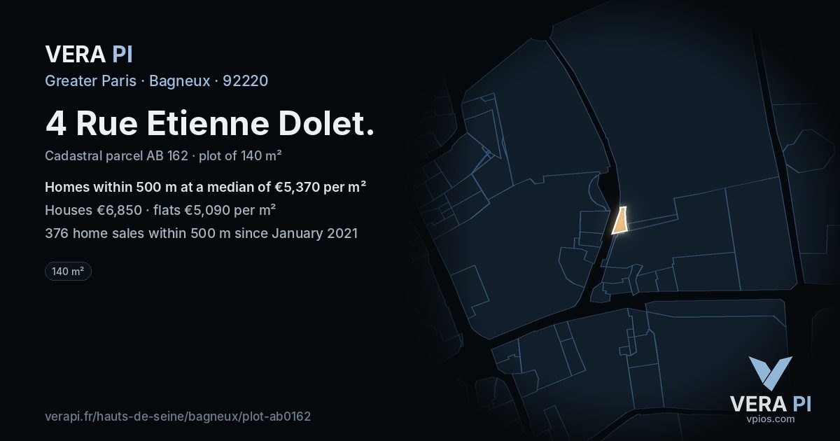 4 Rue Etienne Dolet, Bagneux at night – the plot lit, the parcels around coloured by the prices near them