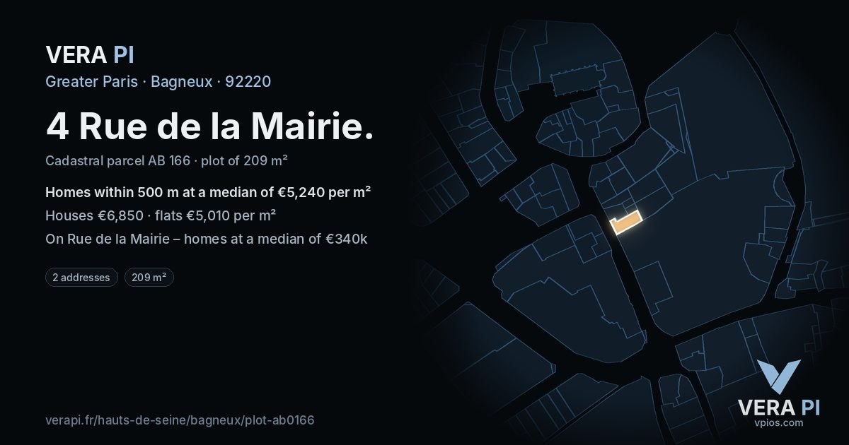4 Rue de la Mairie, Bagneux at night – the plot lit, the parcels around coloured by the prices near them