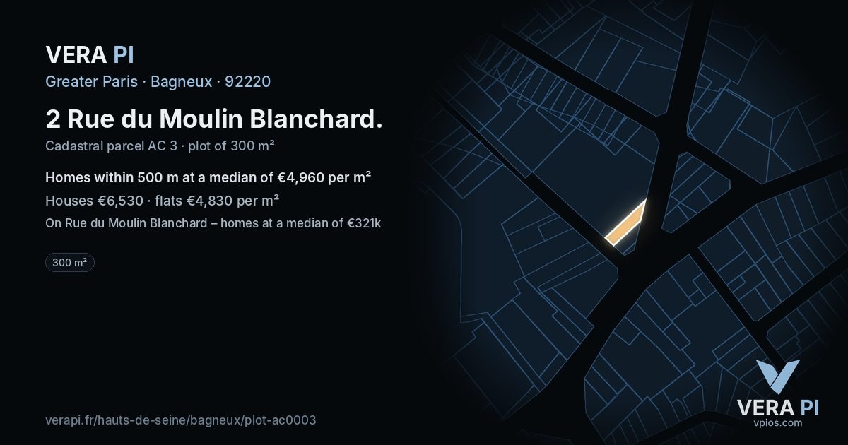 2 Rue du Moulin Blanchard, Bagneux at night – the plot lit, the parcels around coloured by the prices near them