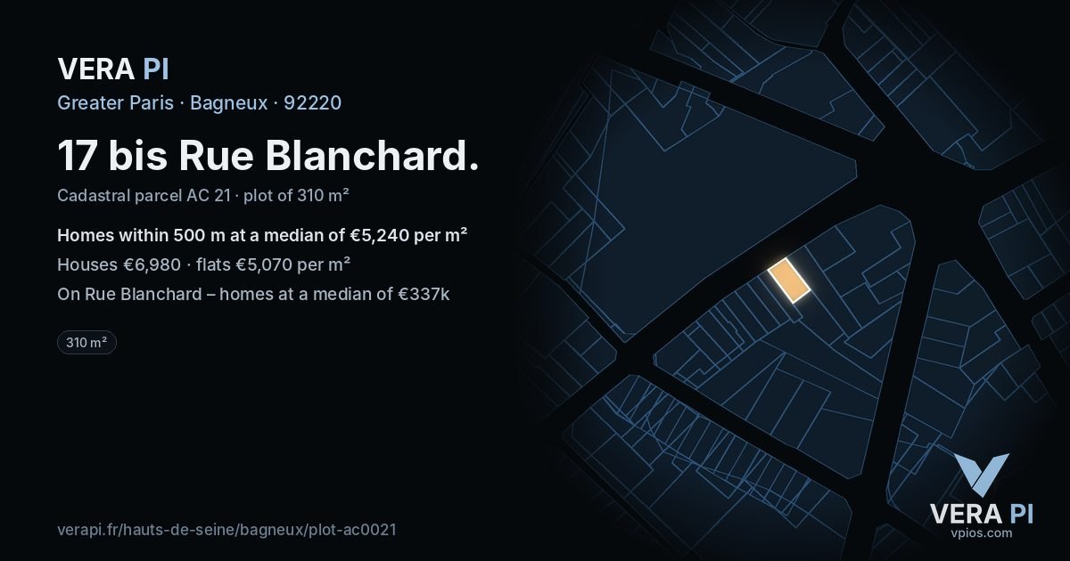 17 bis Rue Blanchard, Bagneux at night – the plot lit, the parcels around coloured by the prices near them