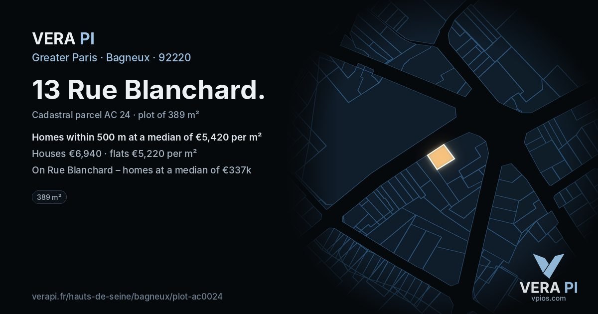 13 Rue Blanchard, Bagneux at night – the plot lit, the parcels around coloured by the prices near them