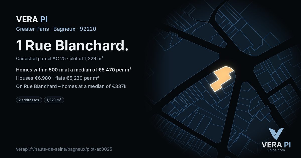 1 Rue Blanchard, Bagneux at night – the plot lit, the parcels around coloured by the prices near them