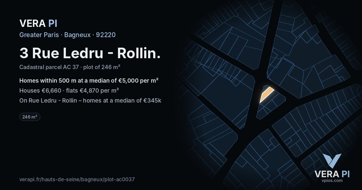 3 Rue Ledru - Rollin, Bagneux at night – the plot lit, the parcels around coloured by the prices near them