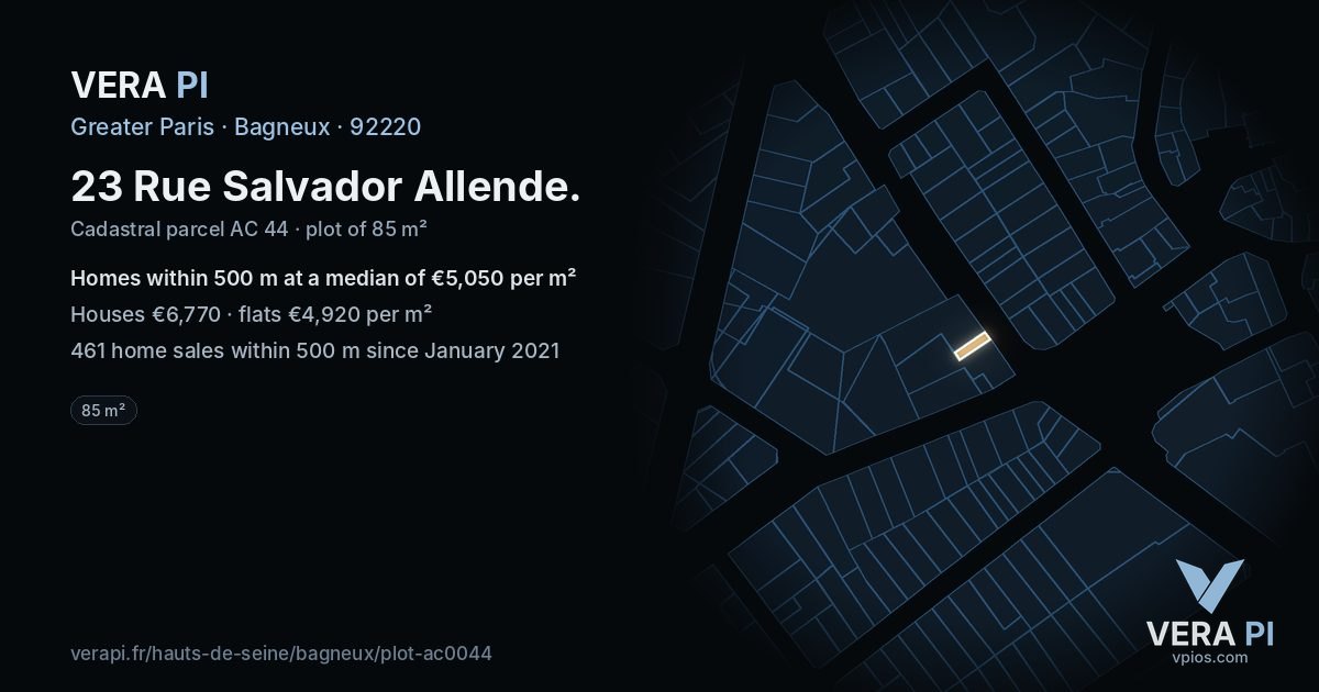 23 Rue Salvador Allende, Bagneux at night – the plot lit, the parcels around coloured by the prices near them