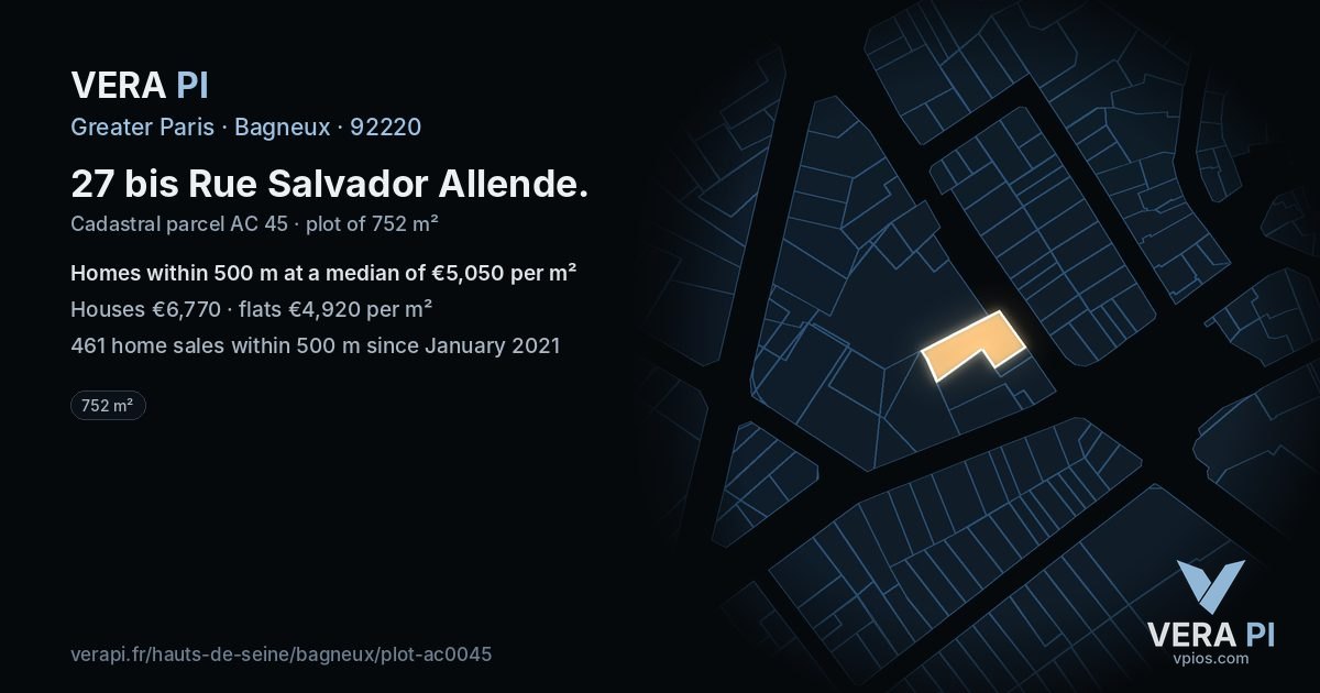 27 bis Rue Salvador Allende, Bagneux at night – the plot lit, the parcels around coloured by the prices near them