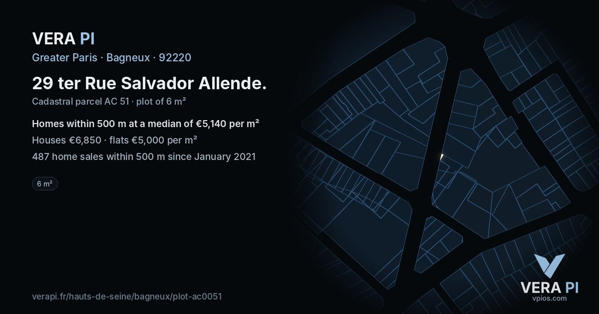 29 ter Rue Salvador Allende, Bagneux at night – the plot lit, the parcels around coloured by the prices near them