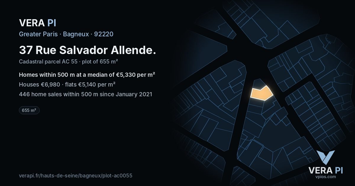 37 Rue Salvador Allende, Bagneux at night – the plot lit, the parcels around coloured by the prices near them