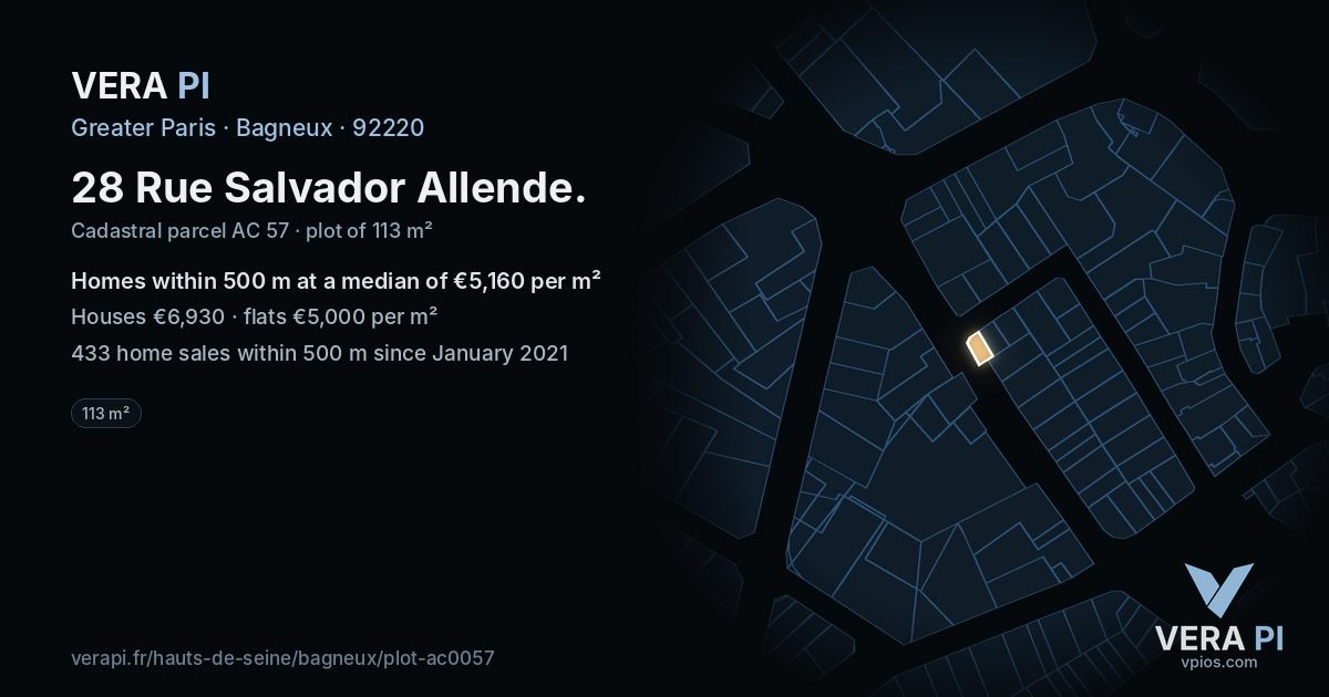 28 Rue Salvador Allende, Bagneux at night – the plot lit, the parcels around coloured by the prices near them