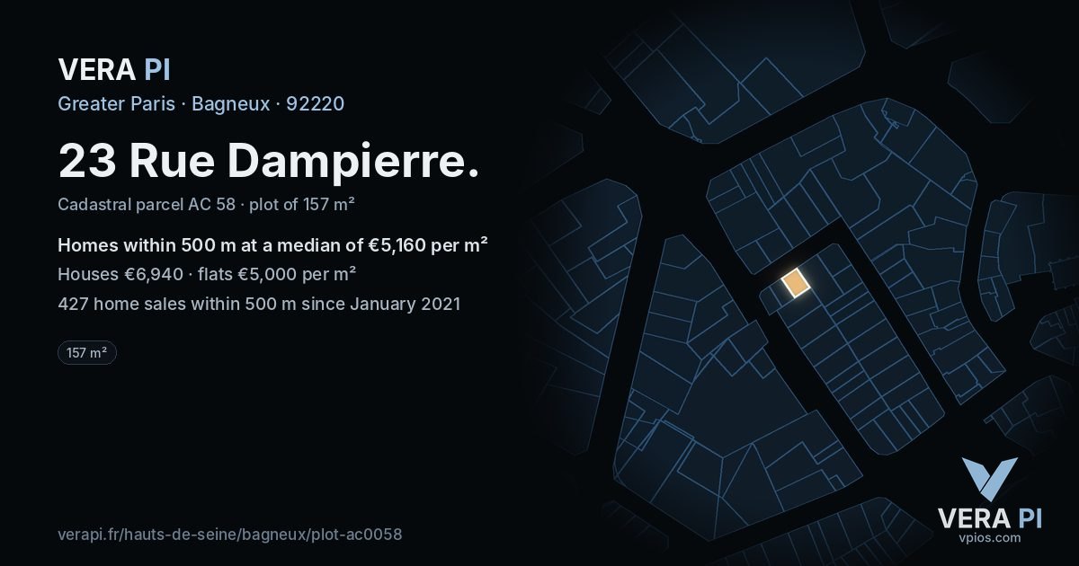 23 Rue Dampierre, Bagneux at night – the plot lit, the parcels around coloured by the prices near them