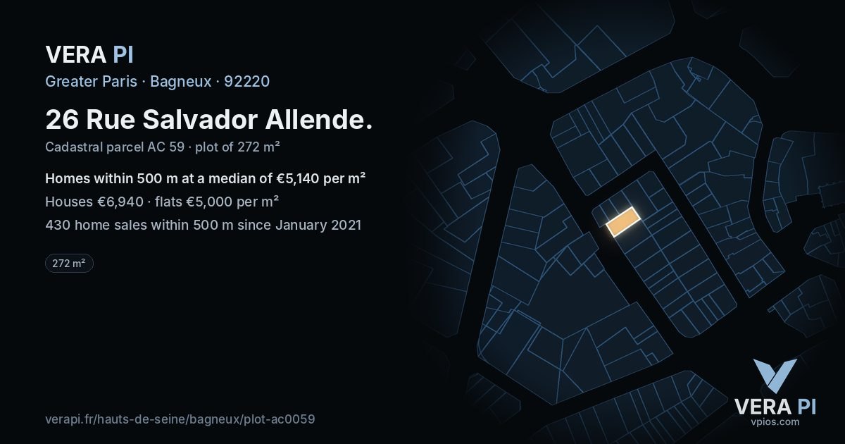 26 Rue Salvador Allende, Bagneux at night – the plot lit, the parcels around coloured by the prices near them