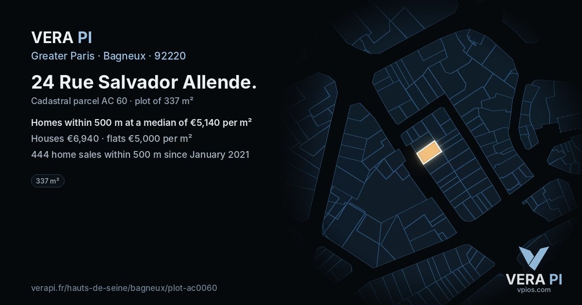 24 Rue Salvador Allende, Bagneux at night – the plot lit, the parcels around coloured by the prices near them