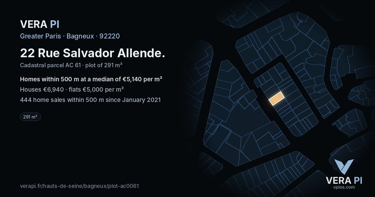 22 Rue Salvador Allende, Bagneux at night – the plot lit, the parcels around coloured by the prices near them