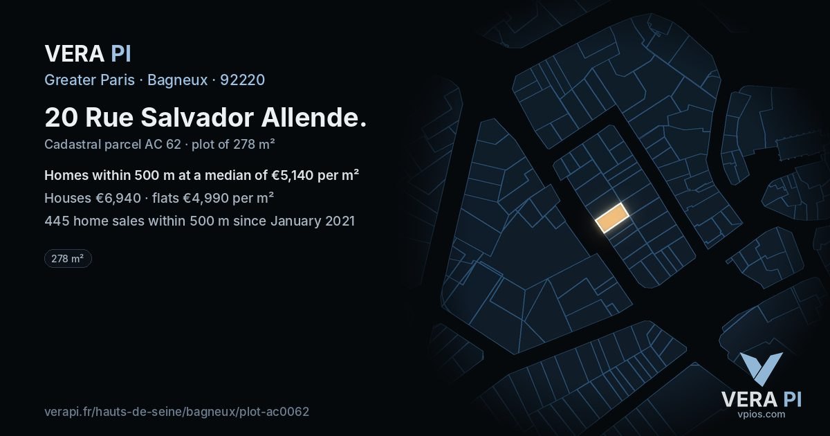 20 Rue Salvador Allende, Bagneux at night – the plot lit, the parcels around coloured by the prices near them