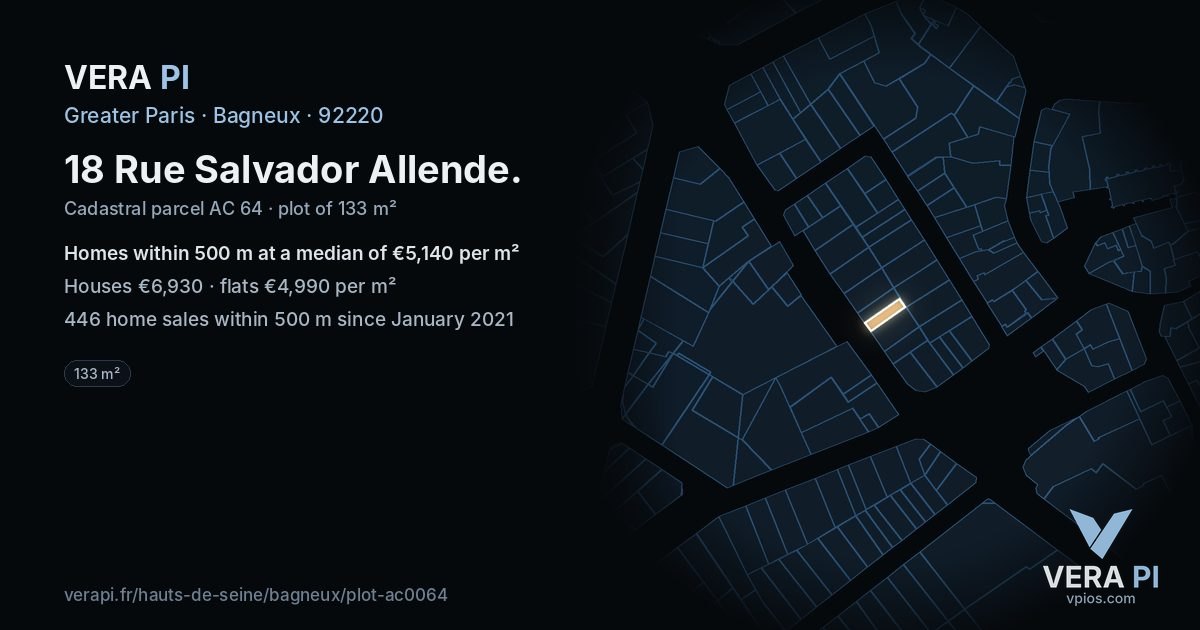 18 Rue Salvador Allende, Bagneux at night – the plot lit, the parcels around coloured by the prices near them