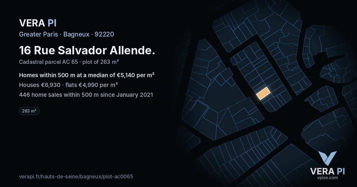 16 Rue Salvador Allende, Bagneux at night – the plot lit, the parcels around coloured by the prices near them