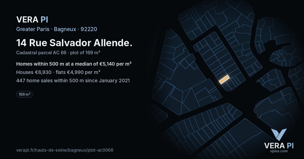 14 Rue Salvador Allende, Bagneux at night – the plot lit, the parcels around coloured by the prices near them