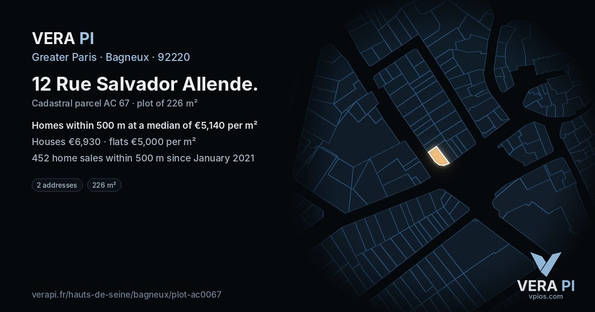 12 Rue Salvador Allende, Bagneux at night – the plot lit, the parcels around coloured by the prices near them