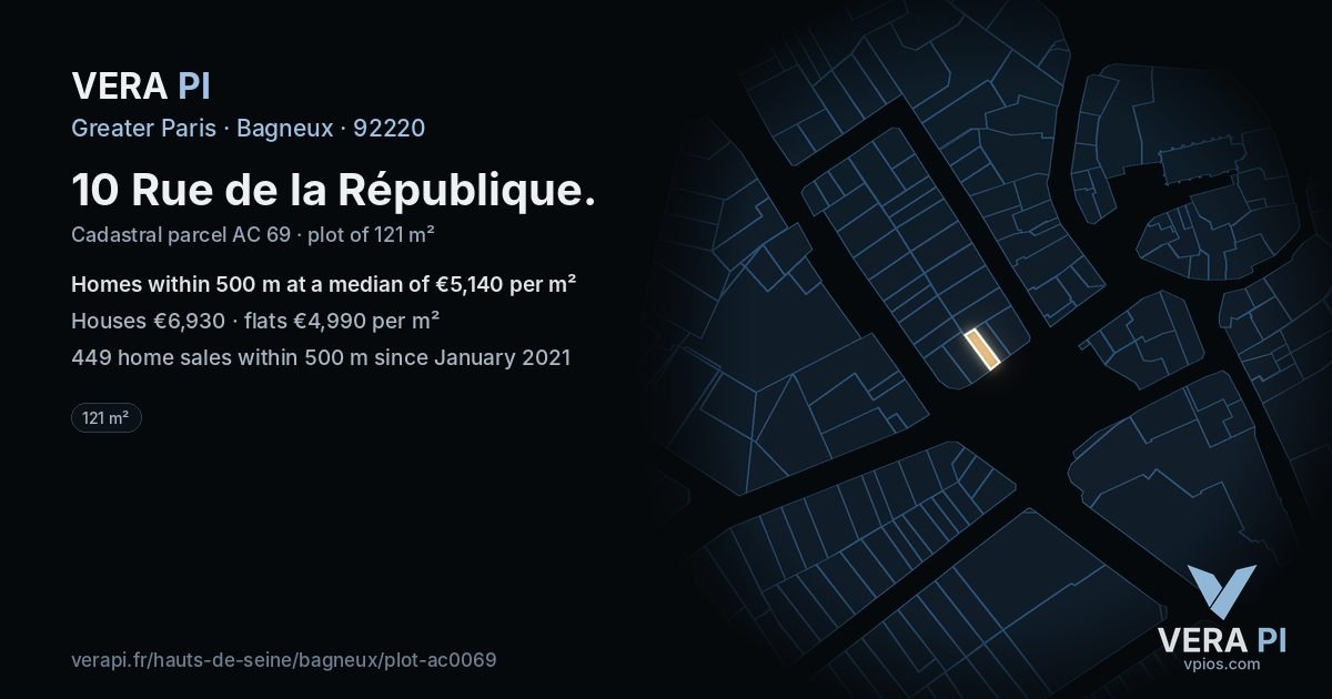 10 Rue de la République, Bagneux at night – the plot lit, the parcels around coloured by the prices near them