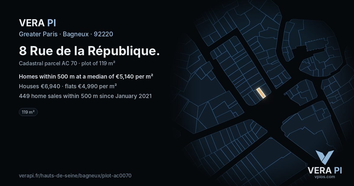 8 Rue de la République, Bagneux at night – the plot lit, the parcels around coloured by the prices near them