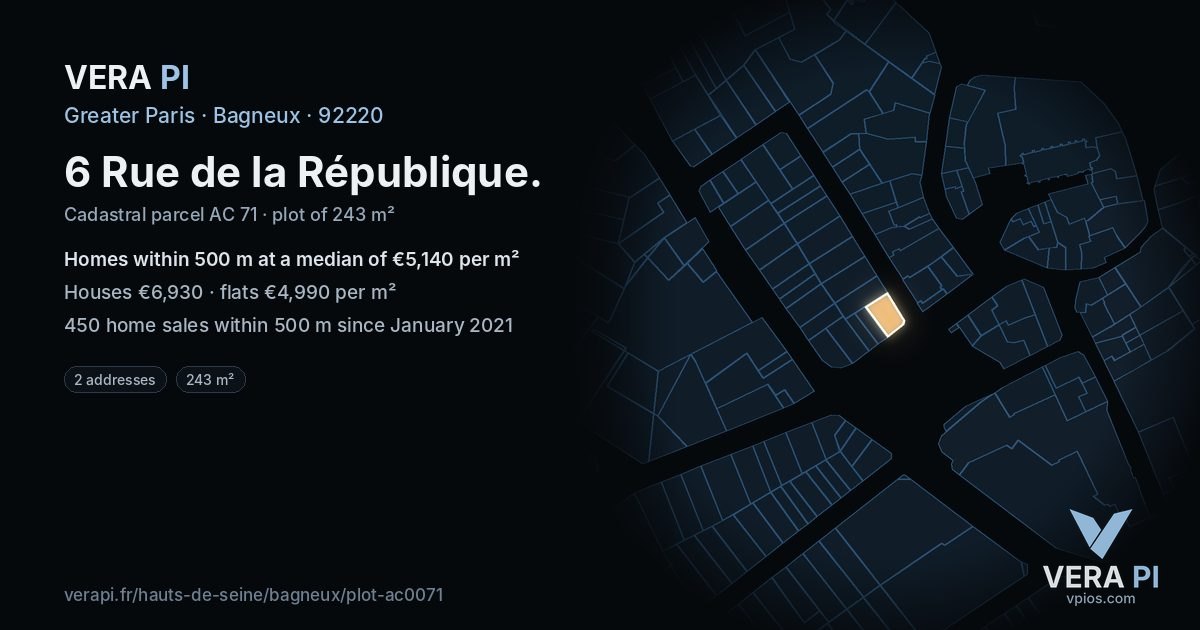 6 Rue de la République, Bagneux at night – the plot lit, the parcels around coloured by the prices near them