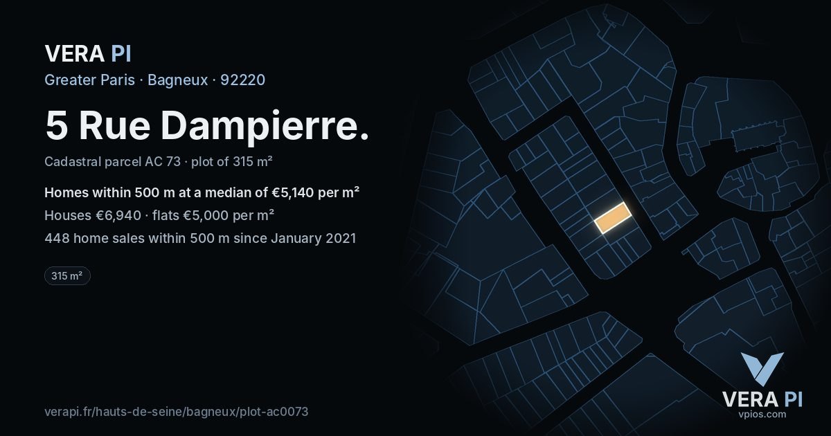 5 Rue Dampierre, Bagneux at night – the plot lit, the parcels around coloured by the prices near them