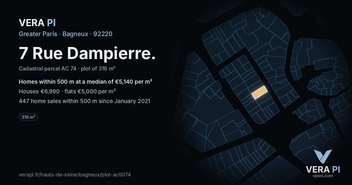 7 Rue Dampierre, Bagneux at night – the plot lit, the parcels around coloured by the prices near them