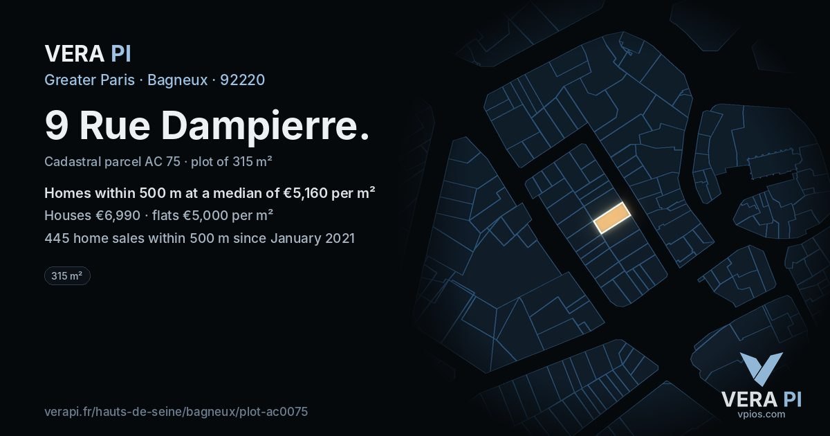 9 Rue Dampierre, Bagneux at night – the plot lit, the parcels around coloured by the prices near them
