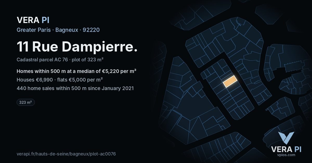 11 Rue Dampierre, Bagneux at night – the plot lit, the parcels around coloured by the prices near them