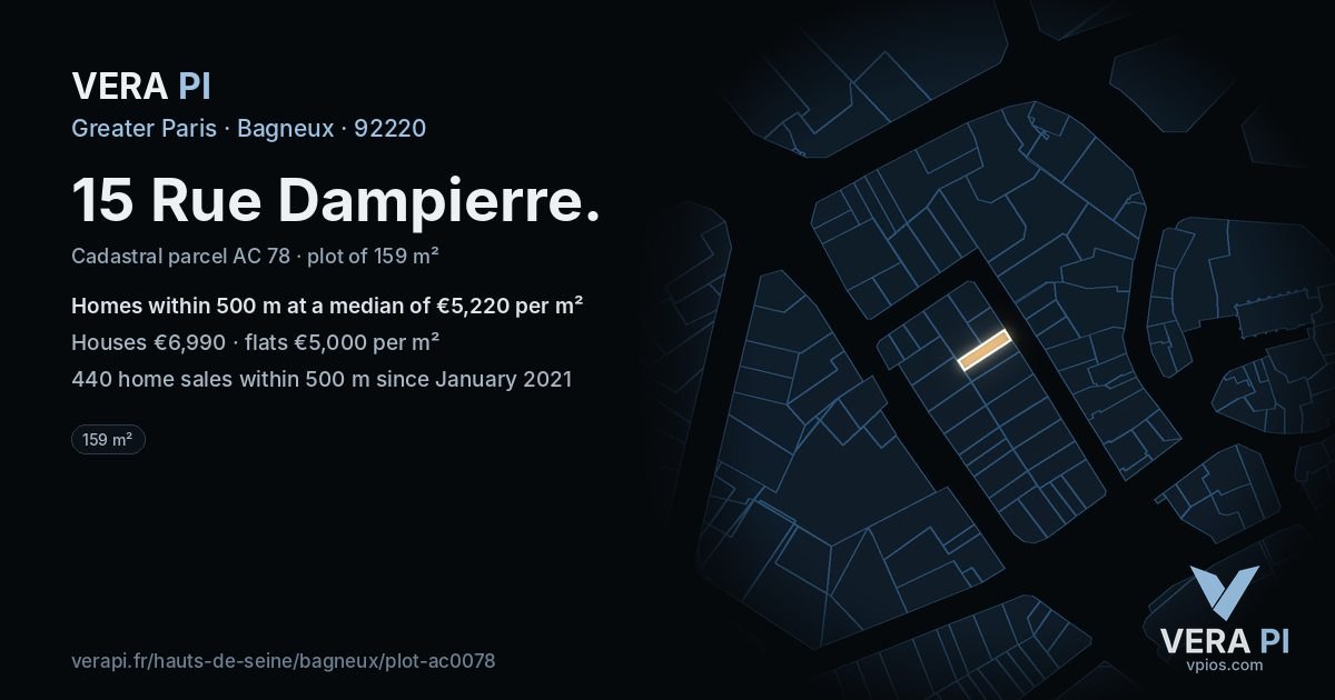 15 Rue Dampierre, Bagneux at night – the plot lit, the parcels around coloured by the prices near them