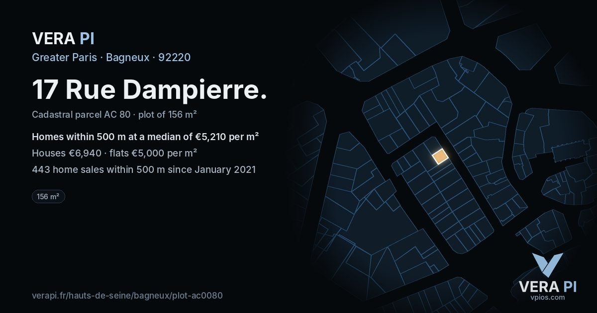 17 Rue Dampierre, Bagneux at night – the plot lit, the parcels around coloured by the prices near them
